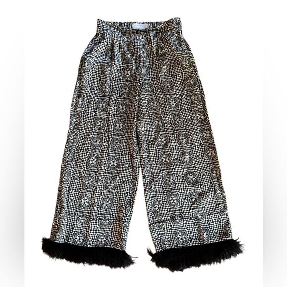 BEATRICE B Italy Women's Wide Leg Ostrich Feather Trim Satin Sheen Pull On Pant - Picture 5 of 9